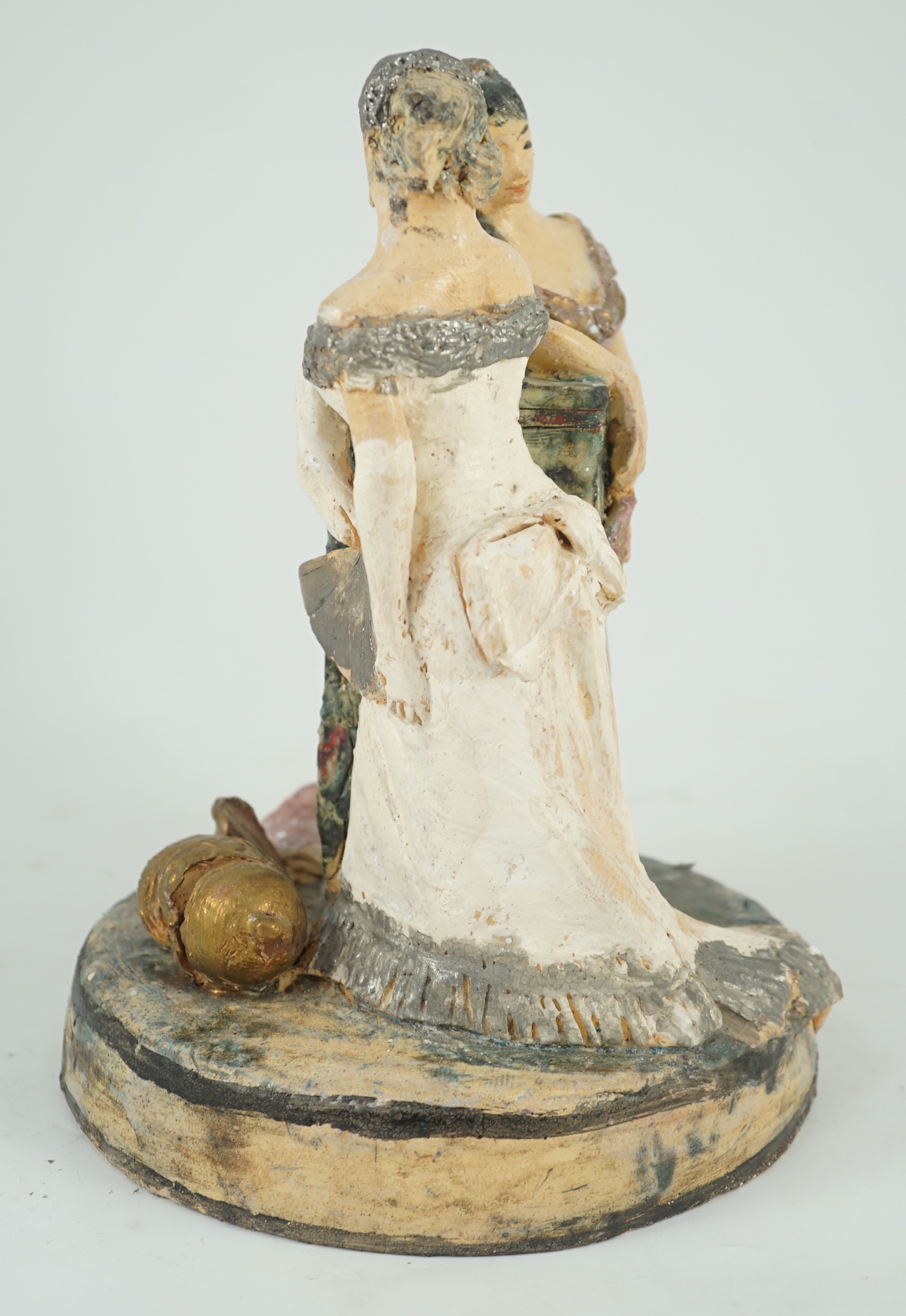 Quentin Bell (1910-1996). A studio pottery group of two women in ballgowns, 25.5cm high